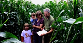 Familie im Maislabyrinth auf dem Grethof